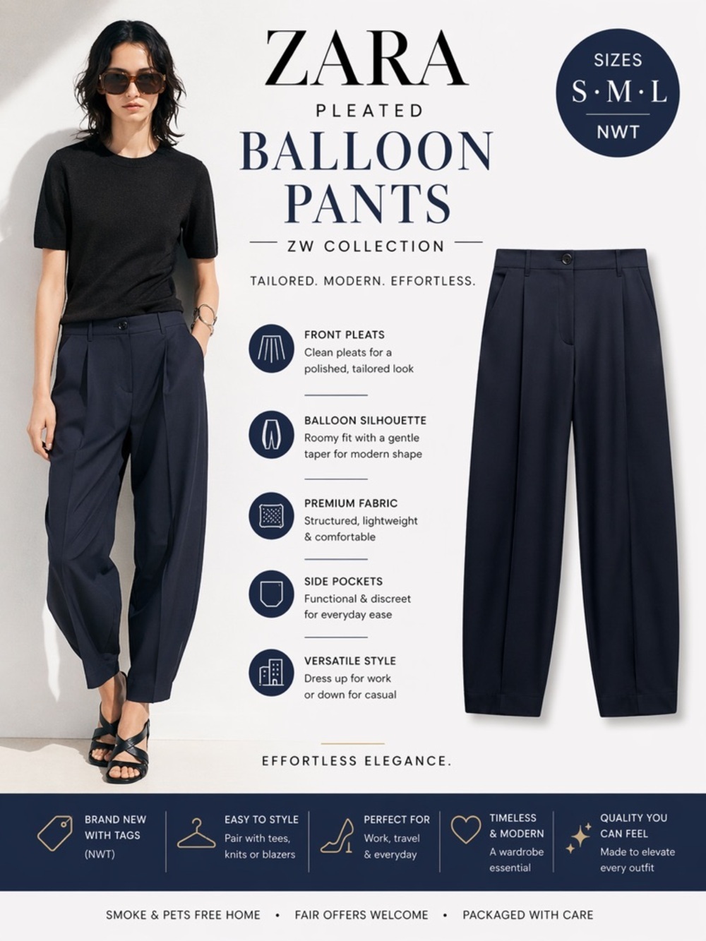 ZARA Navy Pleated Balloon Pants ZW Collection NWT Sizes S M
